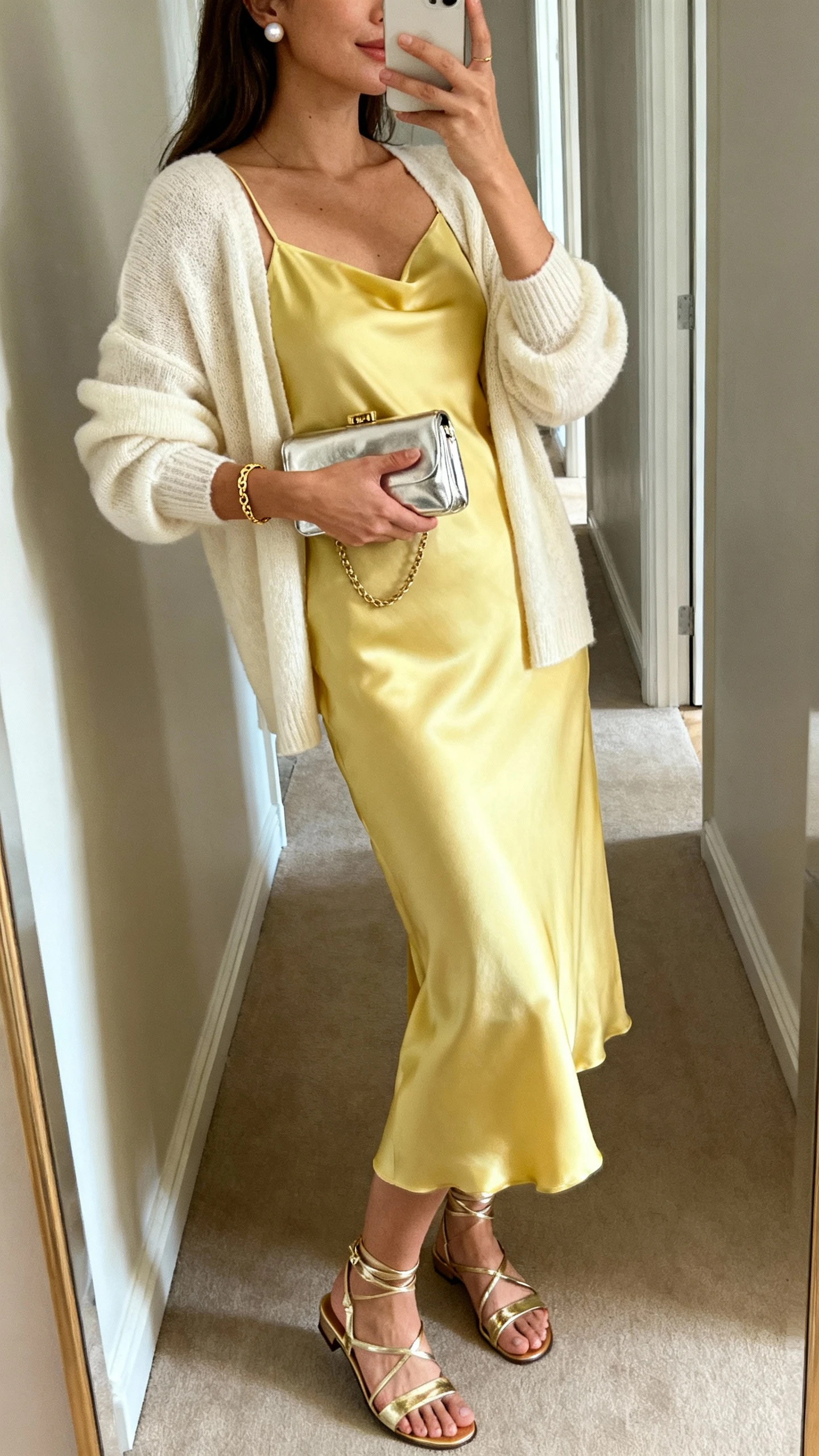 iPhone side-angle selfie of a woman wearing a butter yellow satin midi slip dress with a lightweight cream cashmere cardigan, metallic gold strappy sandals, pearl studs, thin gold chain bracelet, small metallic clutch in hand, face not visible, hallway mirror with soft afternoon light, natural iPhone aesthetic.