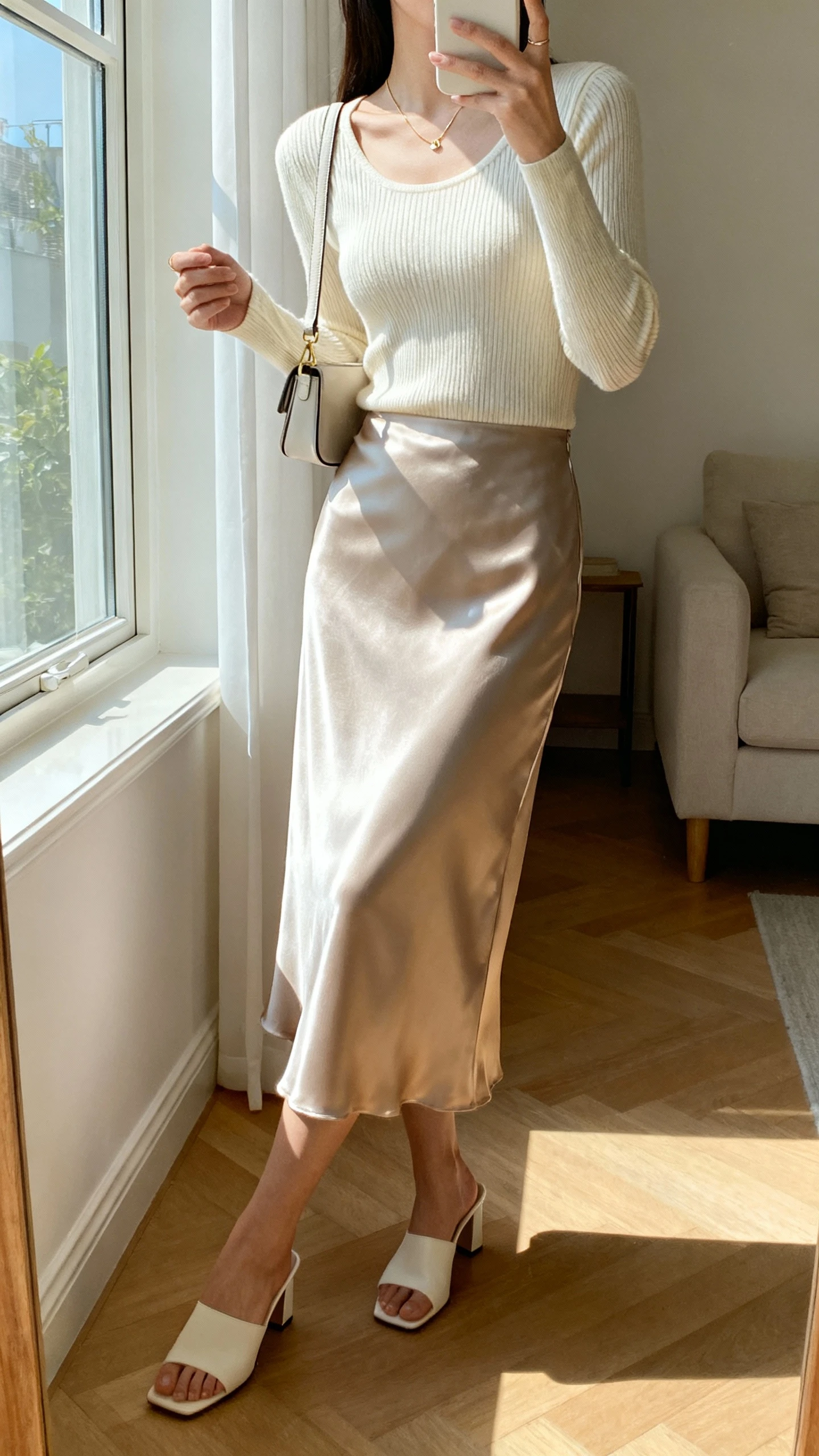 iPhone side-angle selfie of a woman wearing a satin midi skirt with a fitted knit top, delicate necklace, heeled mules, small shoulder bag; face not visible, living room near window, natural daylight, casual iPhone photo.