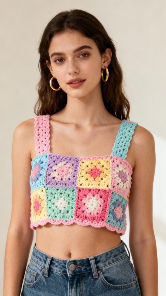 Woman modeling colorful granny square crochet crop top with pastel yarn squares