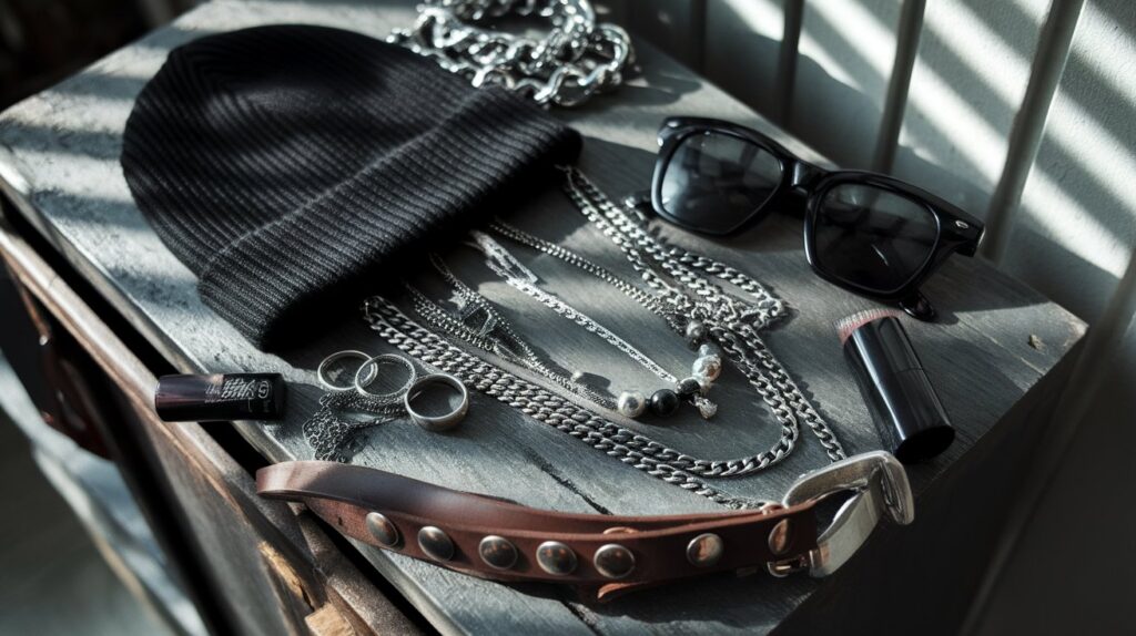 Flat lay of grunge accessories with silver rings, beanie, chain necklaces, and dark lipstick