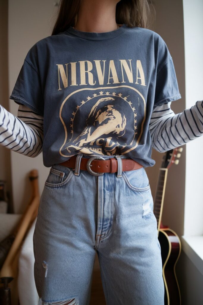 Close-up of vintage band tee layered over striped shirt and distressed jeans in grunge fall style