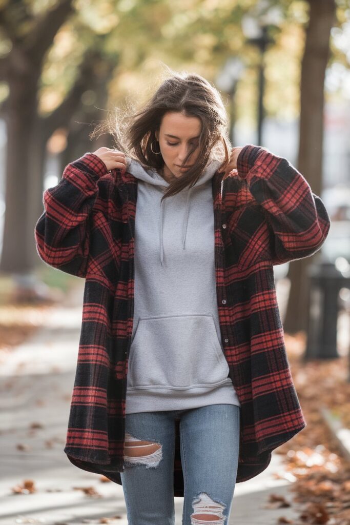 Woman in oversized red plaid flannel layered over hoodie and jeans on a fall street.