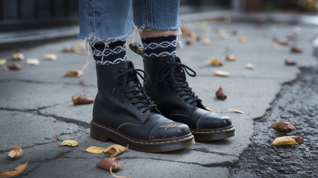 Close-up of black combat boots with distressed jeans and autumn leaves in grunge fall style