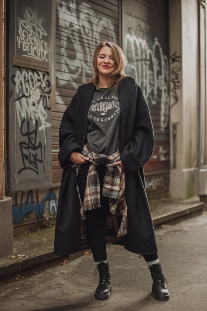 Confident woman in layered grunge fall outfit standing against graffiti wall in autumn.