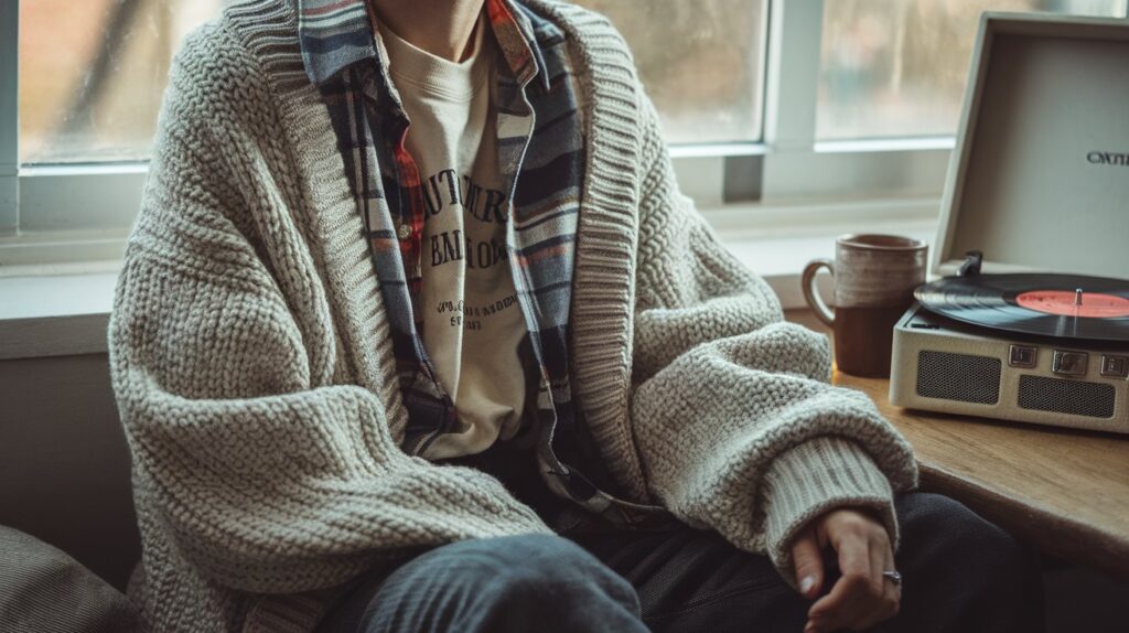 Cozy layered grunge fall outfit with chunky knit cardigan and plaid shirt by window