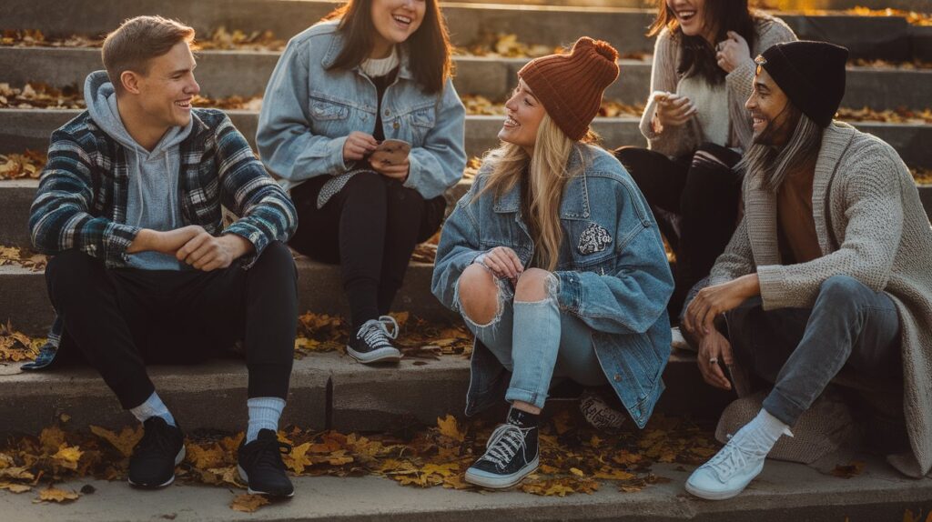 Group of friends in layered grunge fall outfits with plaid, denim, and knits sitting outdoors in autumn.