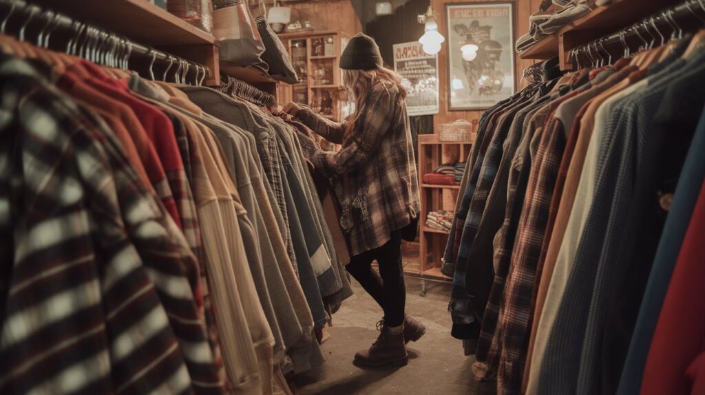 Person thrifting for grunge fall outfits among racks of plaid flannels and vintage denim.