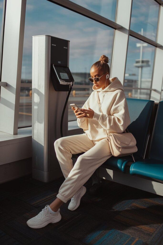 Woman in cream hoodie and joggers cozy airport outfit