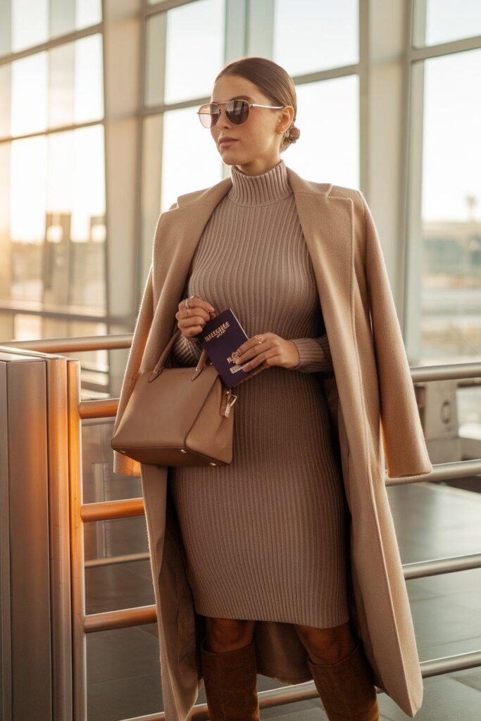 Woman in knit dress and knee-high boots winter airport look
