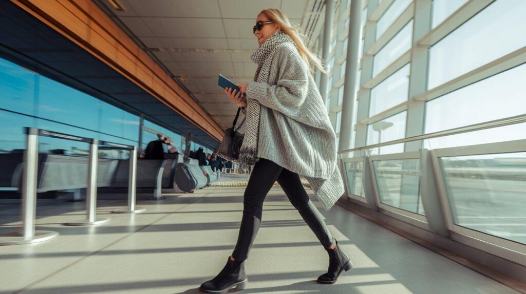 Traveler in gray long coat and black leggings airport outfit