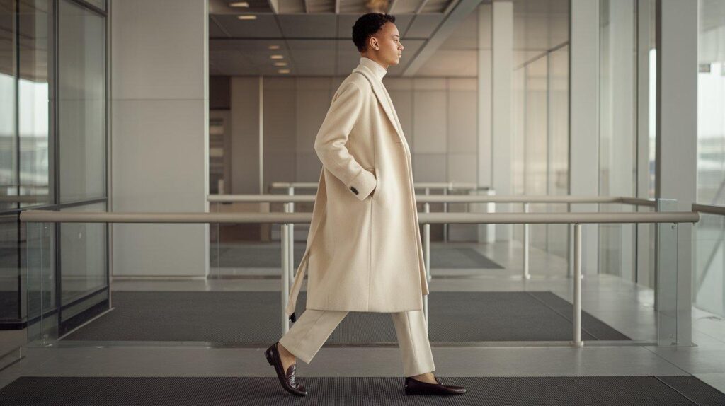 Minimalist traveler in cream coat stylish winter airport look