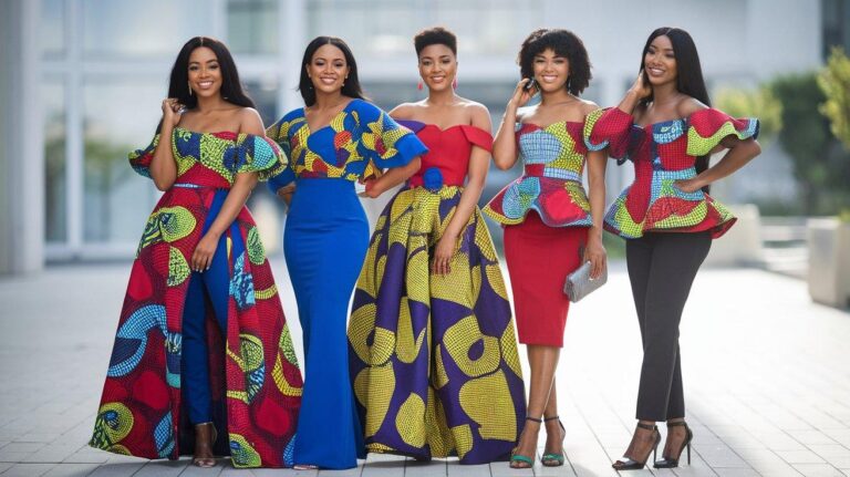 Group of stylish African women wearing vibrant modern Ankara dresses outdoors