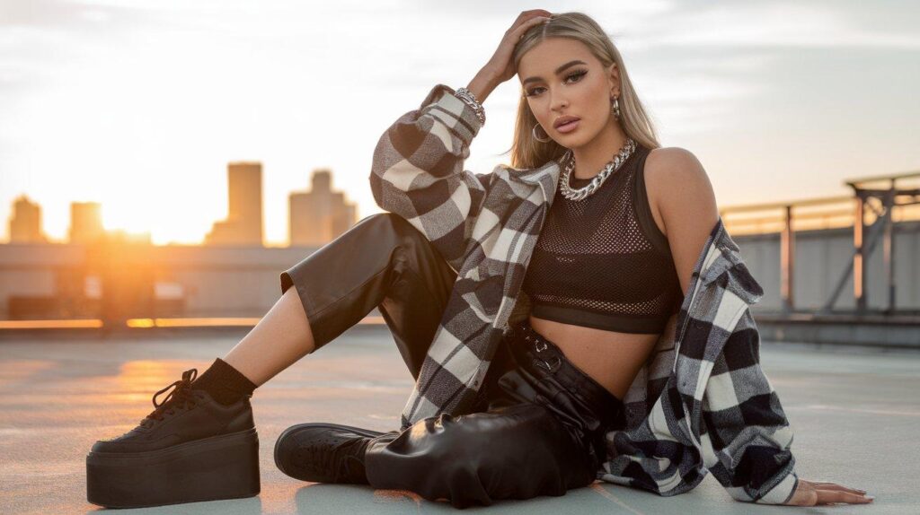 Model in modern Y2K grunge outfit with leather pants and flannel posing on rooftop at sunset