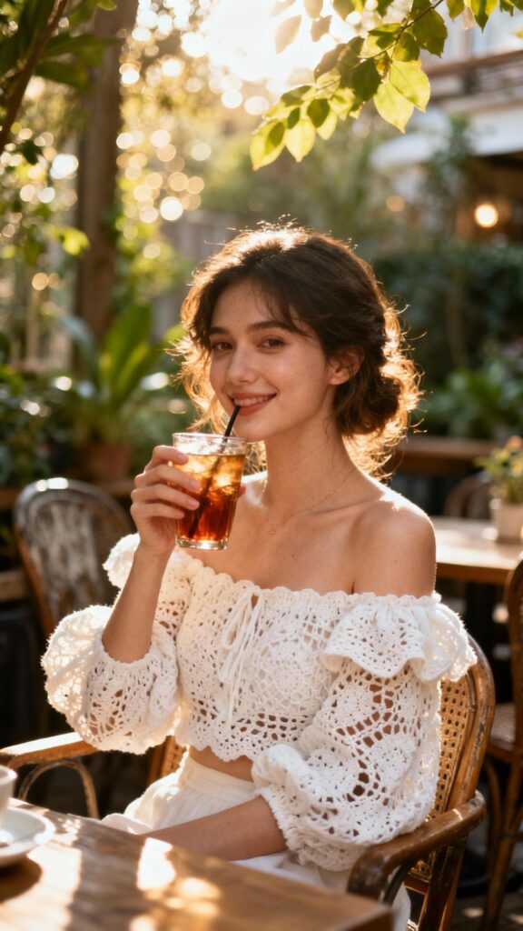 Woman wearing white off-shoulder crochet puff sleeve top in sunny garden café