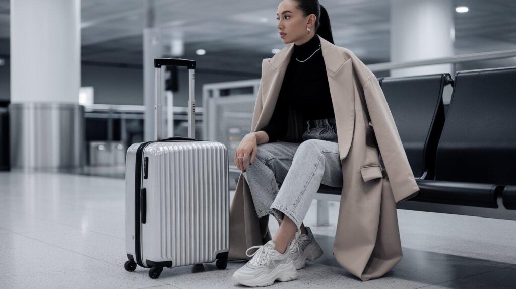 Traveler in oversized blazer and turtleneck chic winter look