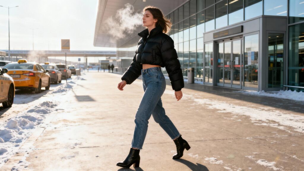 Traveler in black cropped puffer jacket outside airport