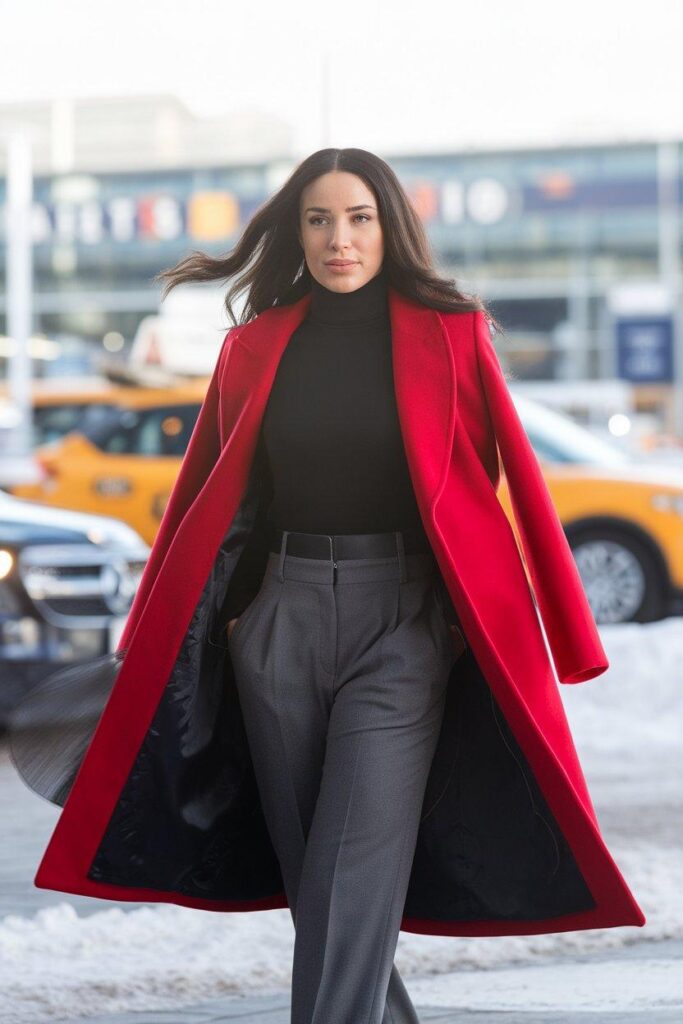 Woman in bold red statement coat stylish winter airport outfit