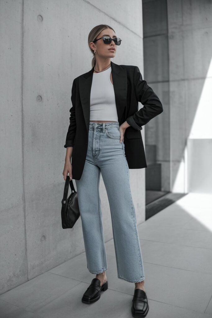 Woman in tailored blazer and jeans standing by modern concrete wall