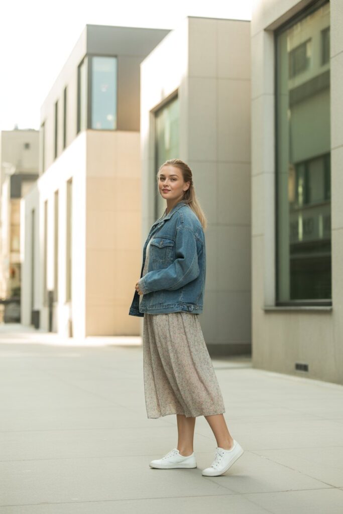 Woman wearing denim jacket over floral dress standing on modern street