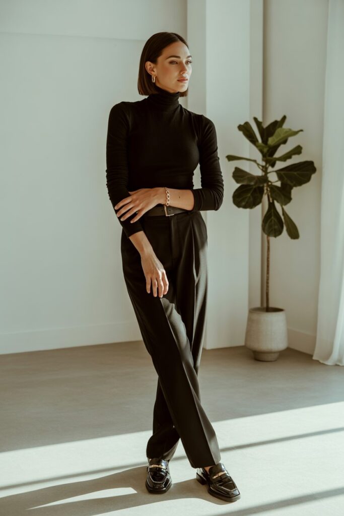 Woman wearing chic all-black monochrome outfit in minimal interior space