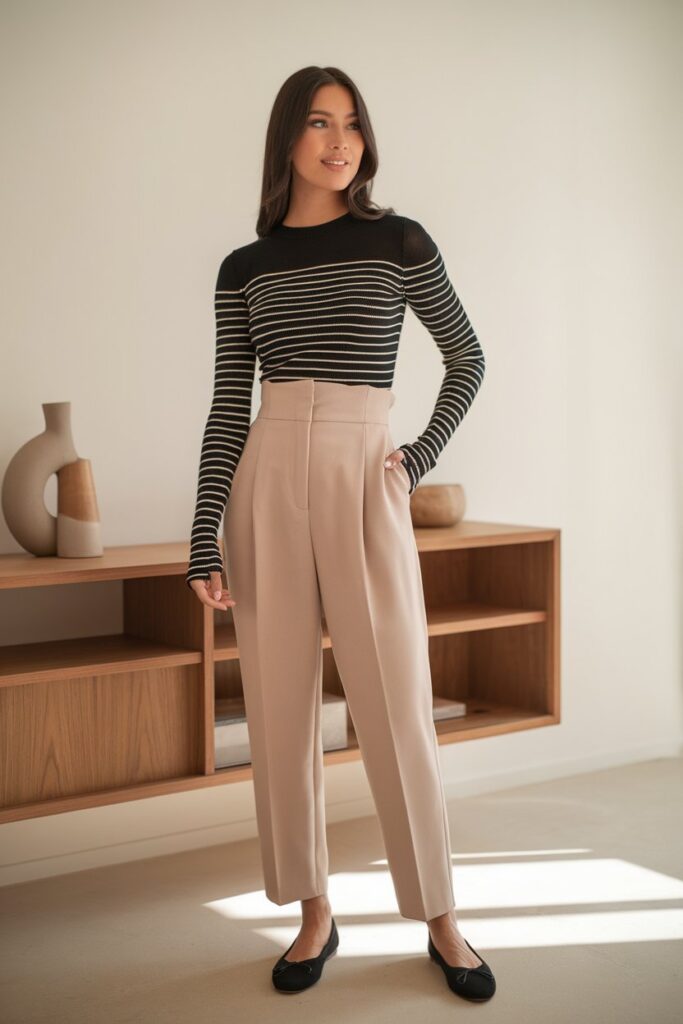 Woman wearing striped top and high-waisted trousers in minimal interior