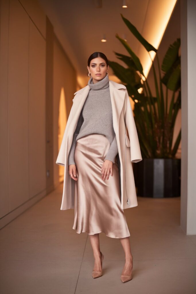 Woman wearing grey turtleneck and satin midi skirt in modern hallway