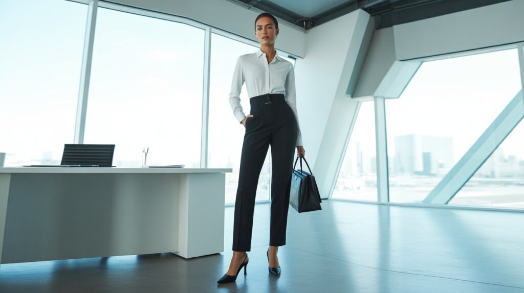 Woman in white button-up shirt and black tailored trousers in bright office