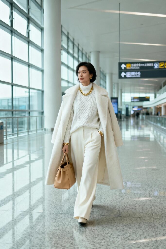 Woman in all-white winter airport outfit with ivory coat