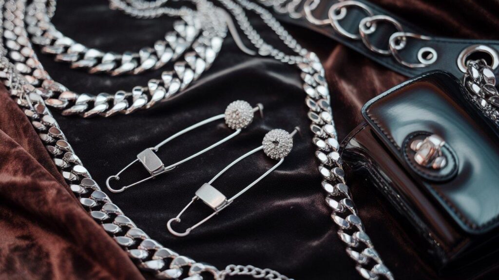 Y2K grunge accessories including silver chains, safety pins, and mini bag on dark background
