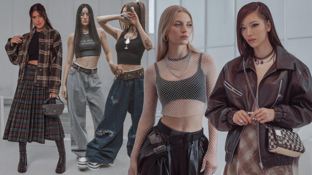 Collage of women wearing Y2K grunge outfits including plaid skirts and leather jackets