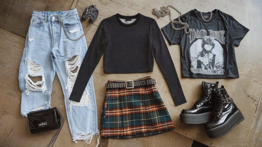 Flat lay of Y2K grunge clothing with denim jeans, plaid skirt, and platform boots