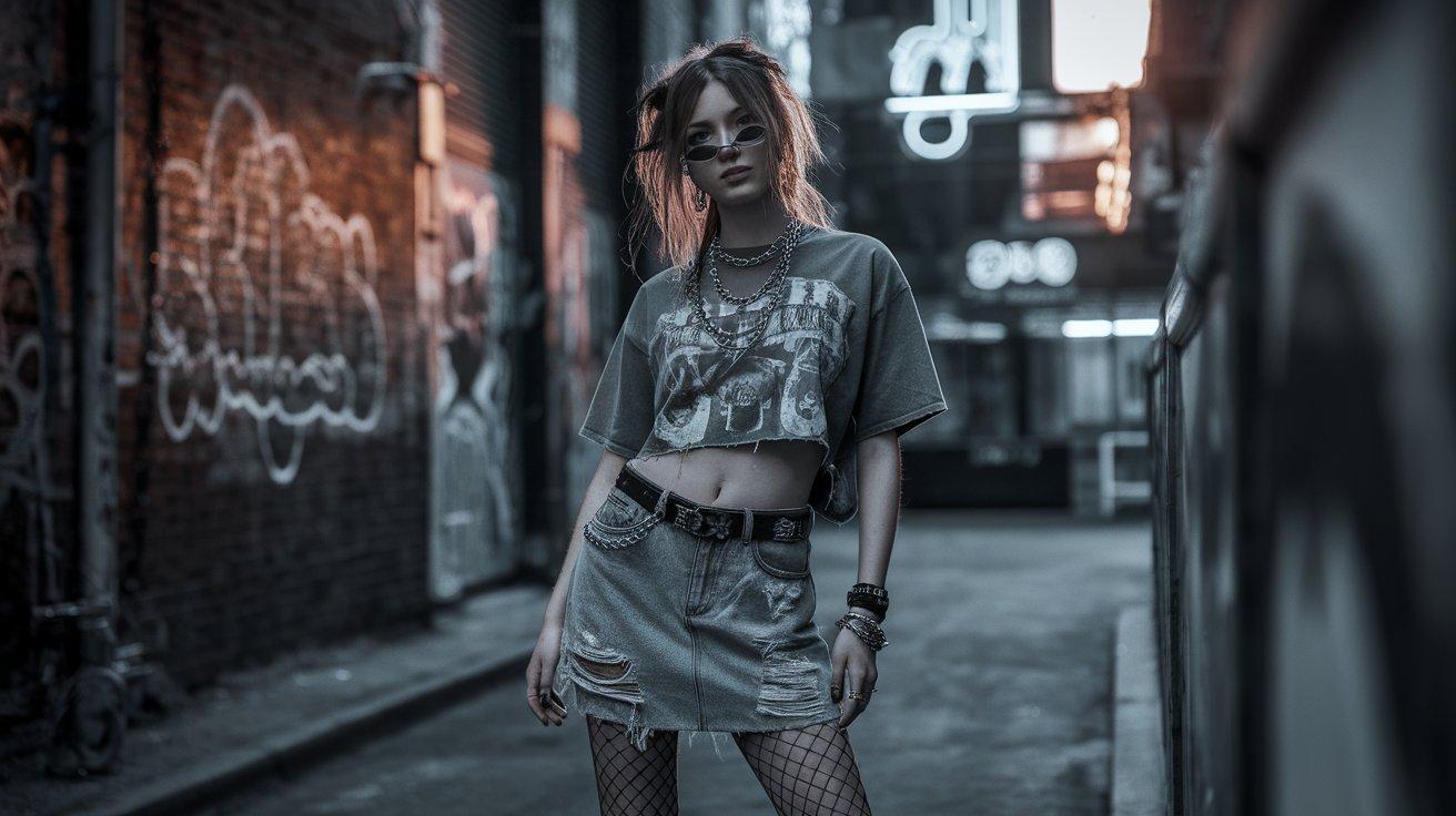 Fashion model wearing Y2K grunge outfit with denim mini skirt and platform boots in an urban alley