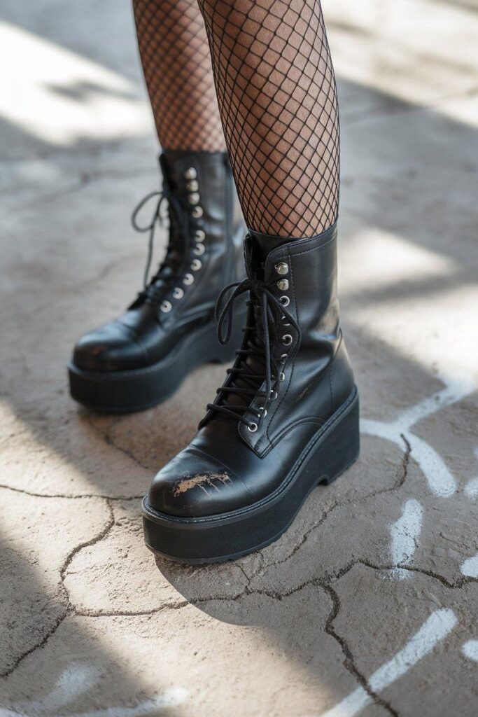 Close-up of black platform combat boots and fishnet stockings on concrete street