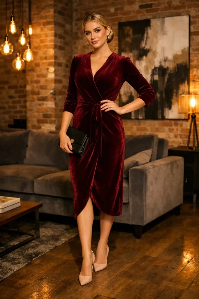 Burgundy velvet wrap dress styled with heels for romantic Valentine's Day dinner date