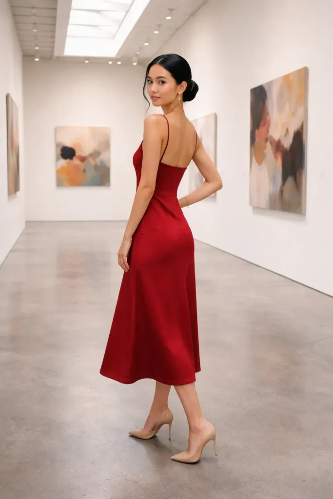 Cherry red slip dress outfit idea for Valentine's Day romantic dinner date