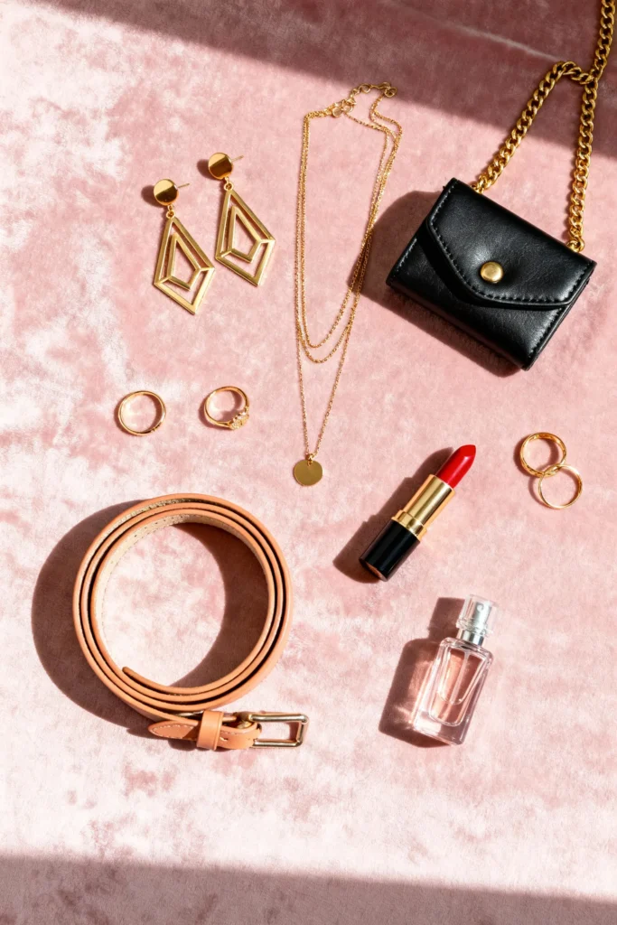 Valentine's Day outfit accessories flatlay with gold jewelry and clutch bag