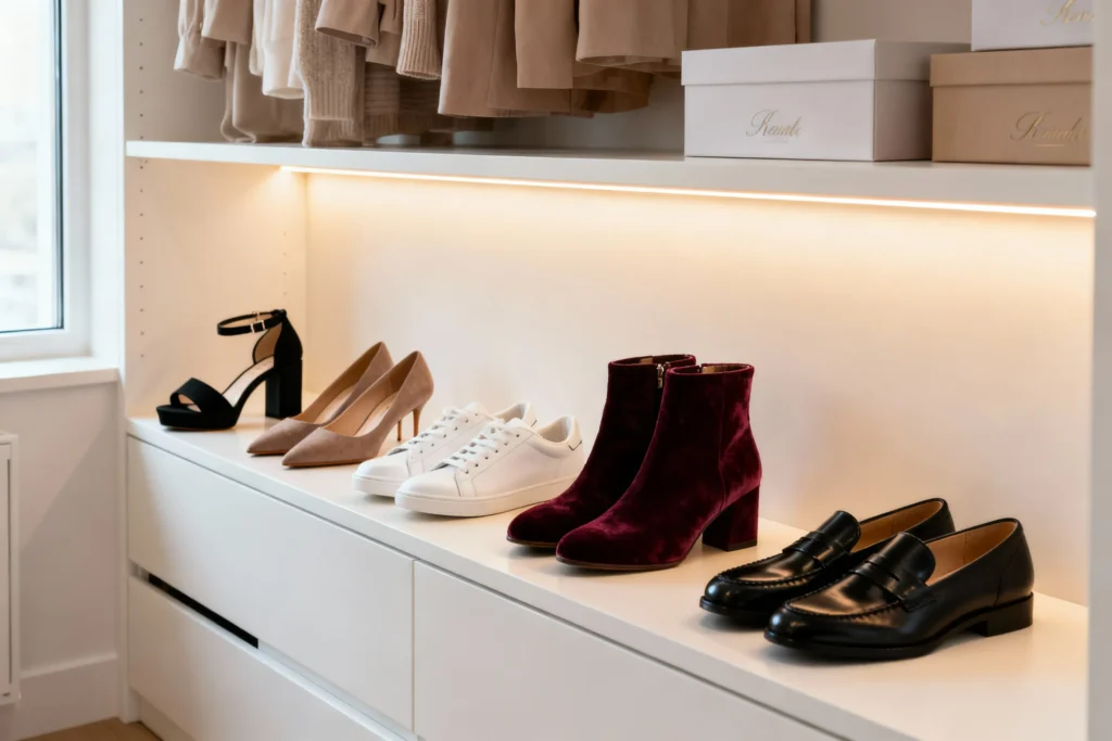 Women's shoe collection showing heels boots and flats for Valentine's Day outfits
