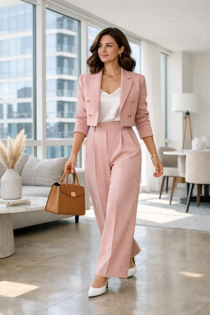 Blush pink matching blazer and pants set for Valentine's Day two-piece outfit idea