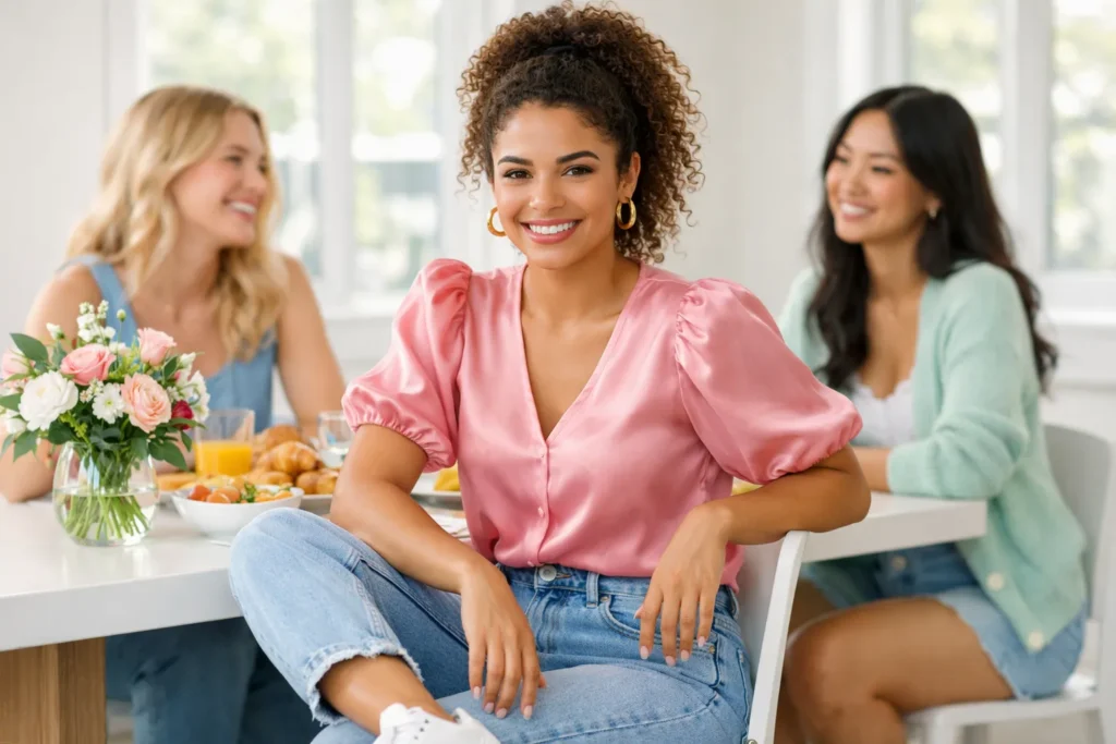 Casual chic jeans and pink blouse outfit for Galentine's Day brunch celebration
