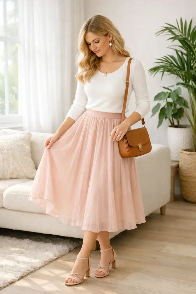 Blush pink midi skirt with white sweater romantic Valentine's Day outfit idea