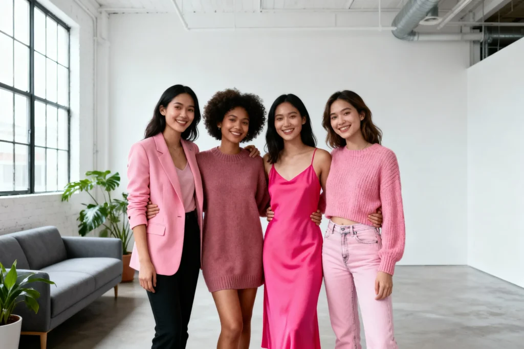 Four women in coordinated pink outfits for matching Galentine's Day group photo