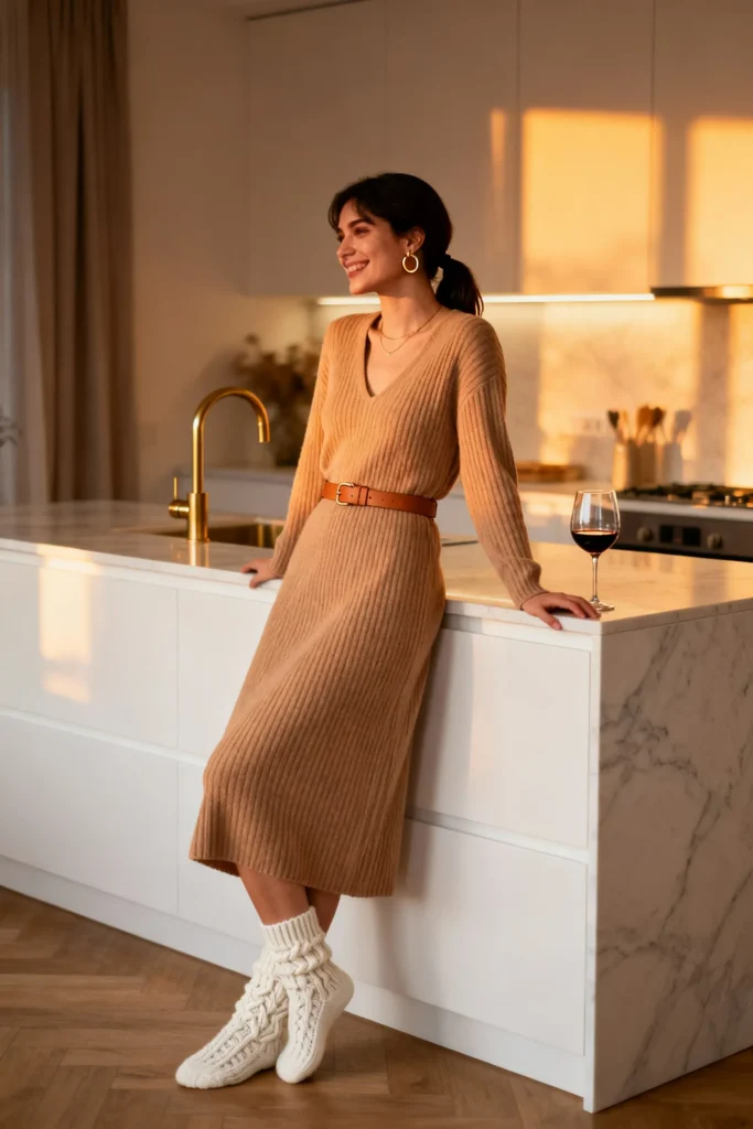 Camel knit midi dress with belt for comfortable romantic Valentine's dinner at home