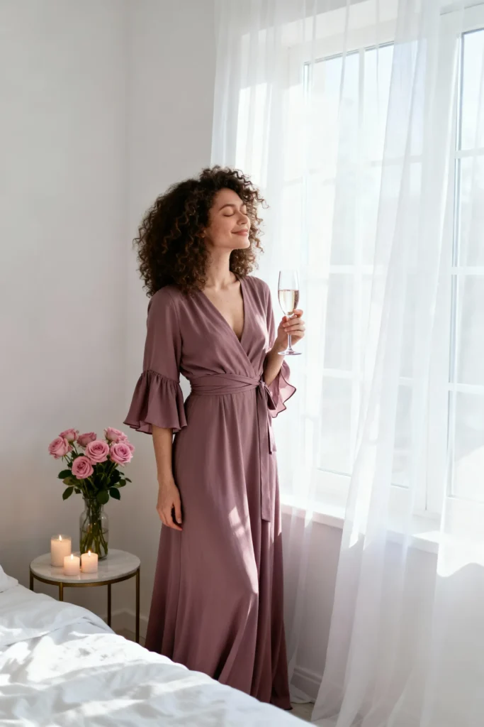 Mauve maxi dress for solo Valentine's Day self-love celebration outfit inspiration