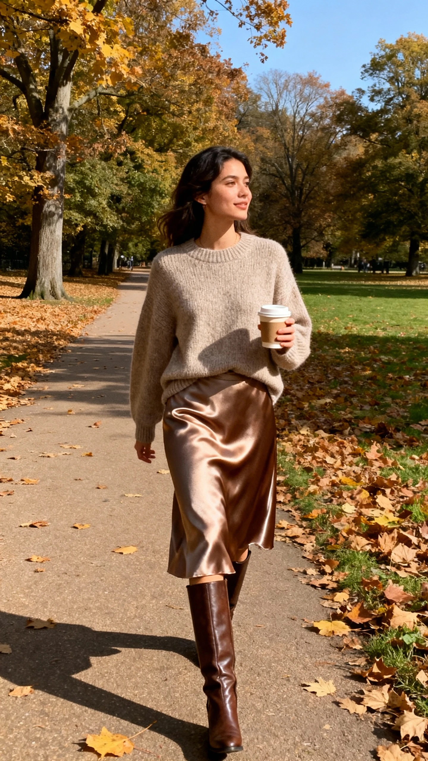 A woman in a cashmere sweater, satin midi skirt, and knee-high boots, strolling along a leafy park path with a takeaway coffee, casual iPhone photo style, sunny day, outdoor setting.