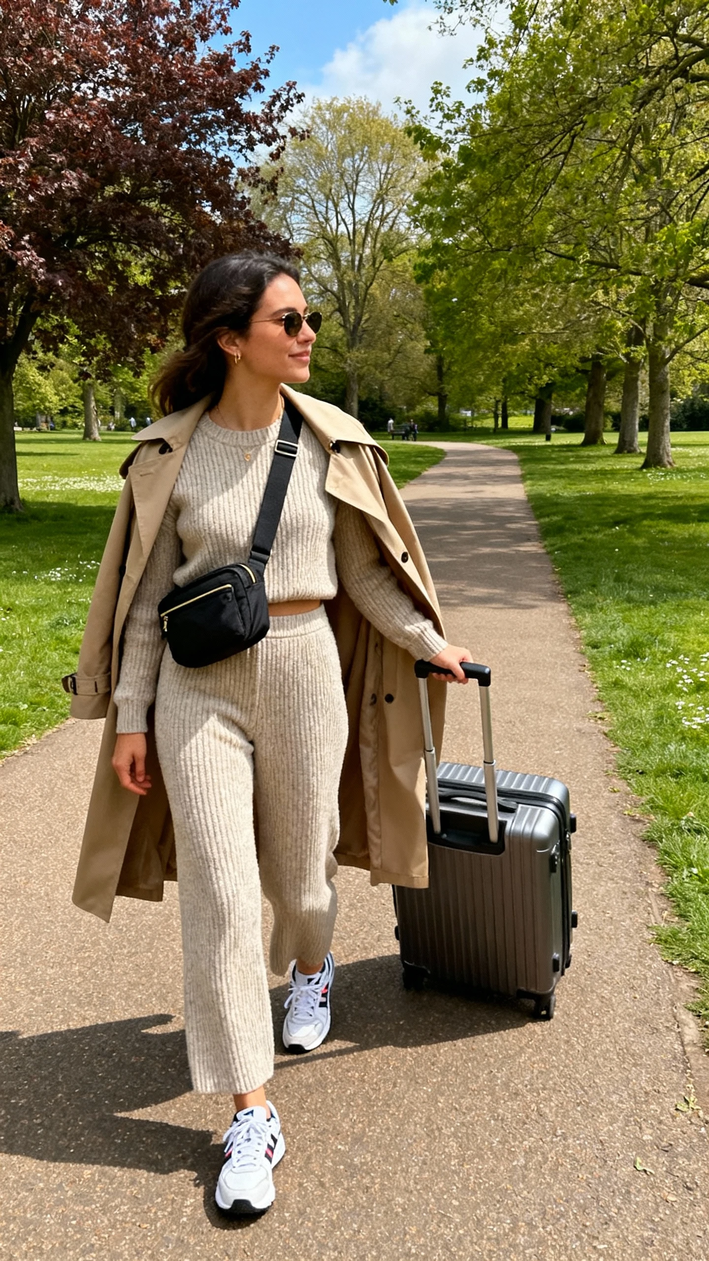 A woman in a matching knit set with trainers, crossbody hands-free bag, and a trench draped over shoulders, rolling a suitcase along a park path shortcut, casual iPhone photo style, daylight, outdoor setting.