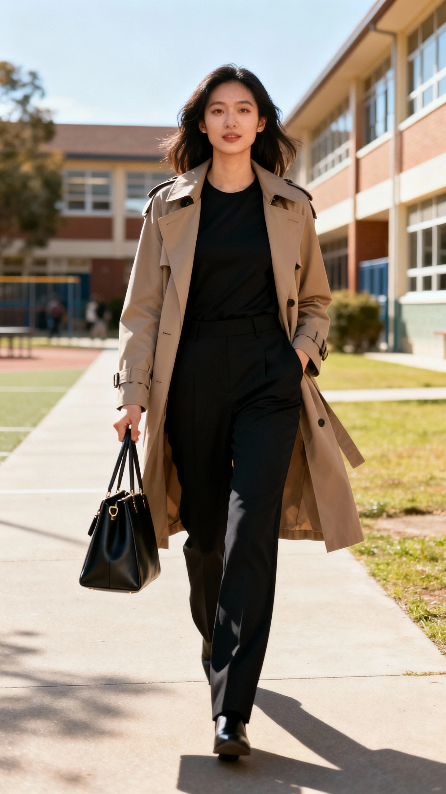 A woman in a monochrome outfit with tailored trousers and a sleek top under a trench coat, structured tote in hand, walking along a school courtyard, casual iPhone photo style, sunny day, outdoor setting.