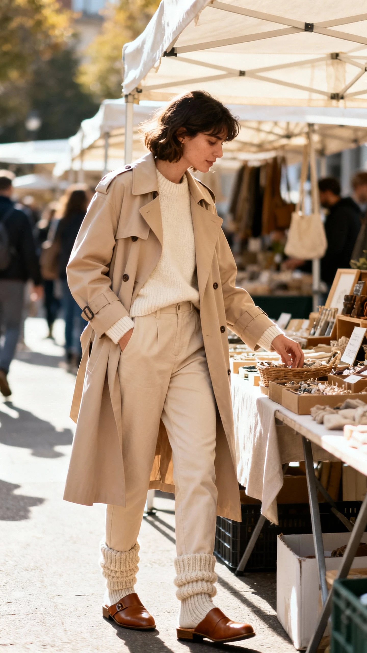 A woman in all-neutral layers: beige trench, cream sweater, sand trousers, chunky socks with leather mules, browsing a weekend market stall, casual iPhone photo style, sunny day, outdoor setting.