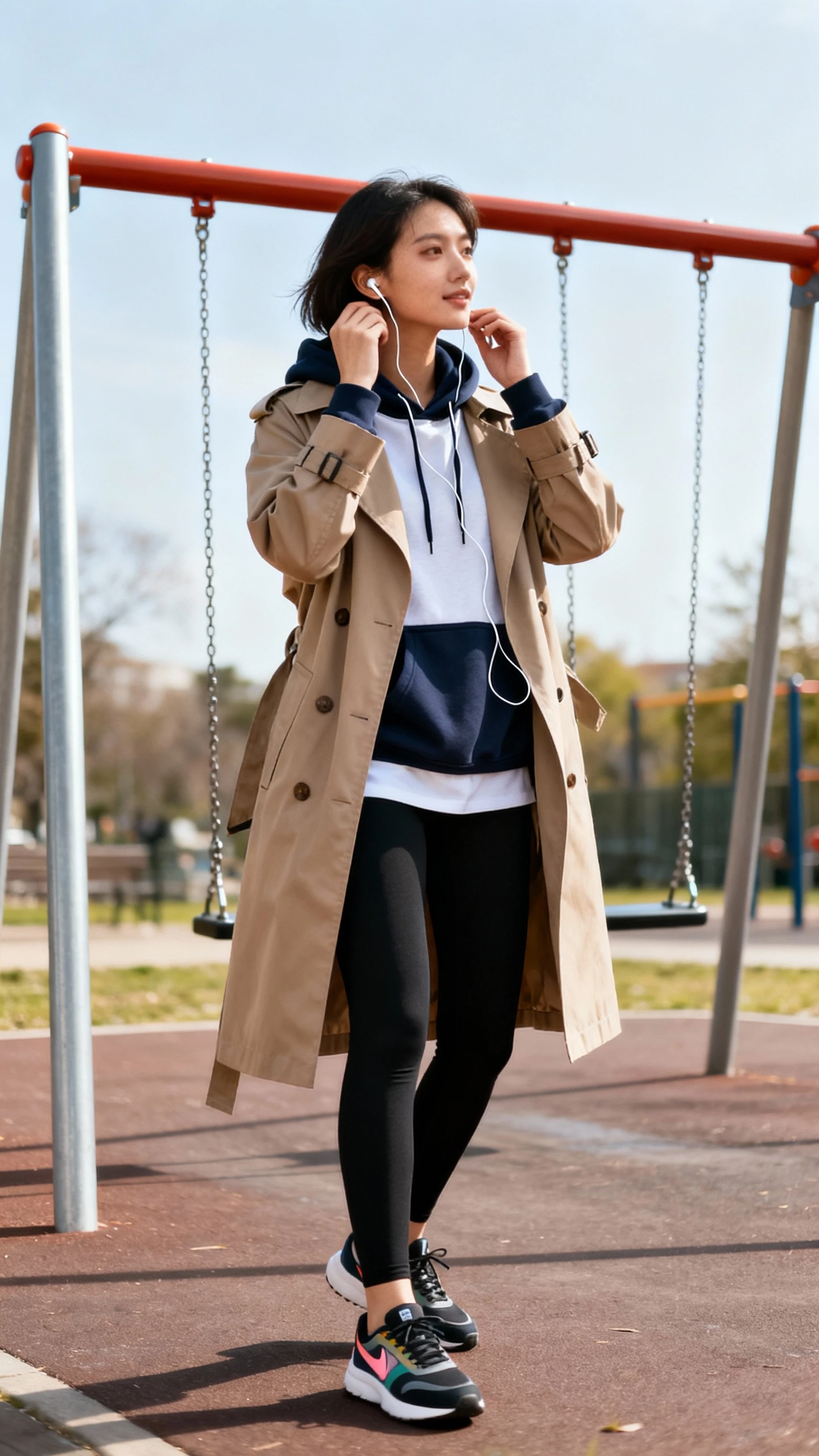 A woman layering a hoodie and black leggings under a trench coat with sporty sneakers, adjusting her earbuds while standing near park swings, casual iPhone photo style, natural daylight, outdoor setting.