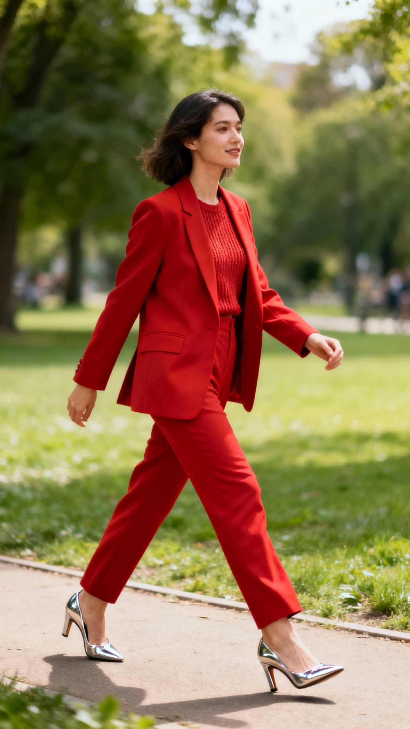 A woman rocking a red suit with a soft knit top and metallic heels, striding across a park walkway, casual iPhone photo style, natural daylight, outdoor setting.