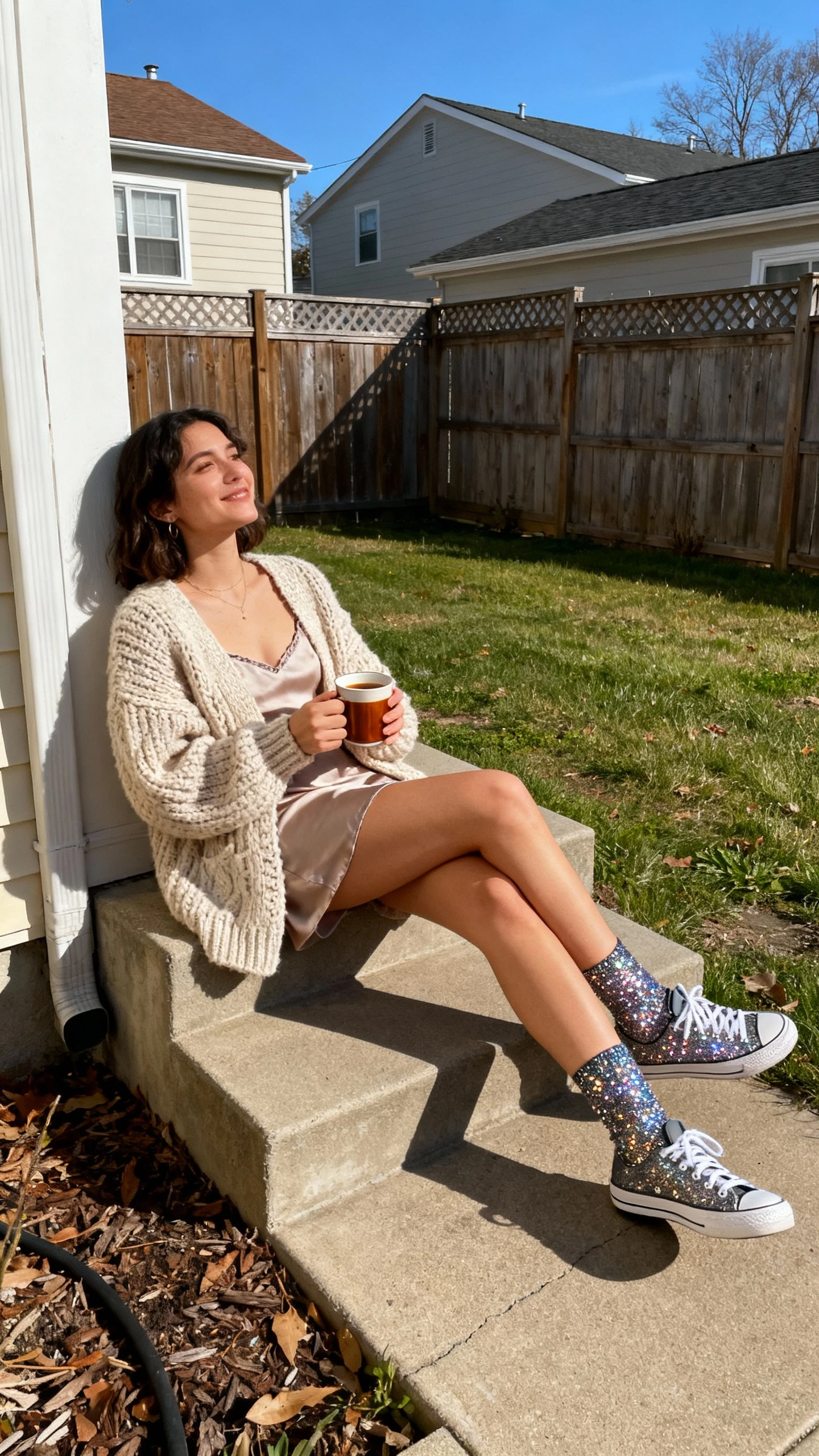 A woman wearing a chunky cardigan over a slip dress with sparkle socks and sneakers, lounging on a backyard step with a warm drink, casual iPhone photo style, sunny day, outdoor setting.